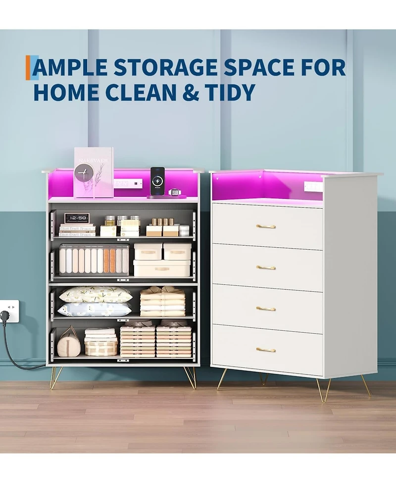gaomon Tall 4-Drawer Dresser with Rgb Lights & Charging Station, App-Controlled Led Wooden Chest for Bedroom