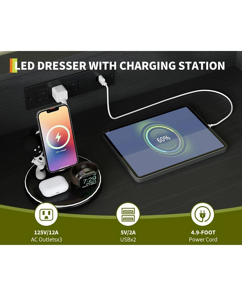 gaomon 9-Drawer Tall Dresser with Rgb Lights & Charging Station, App-Controlled Led Wooden Storage Chest