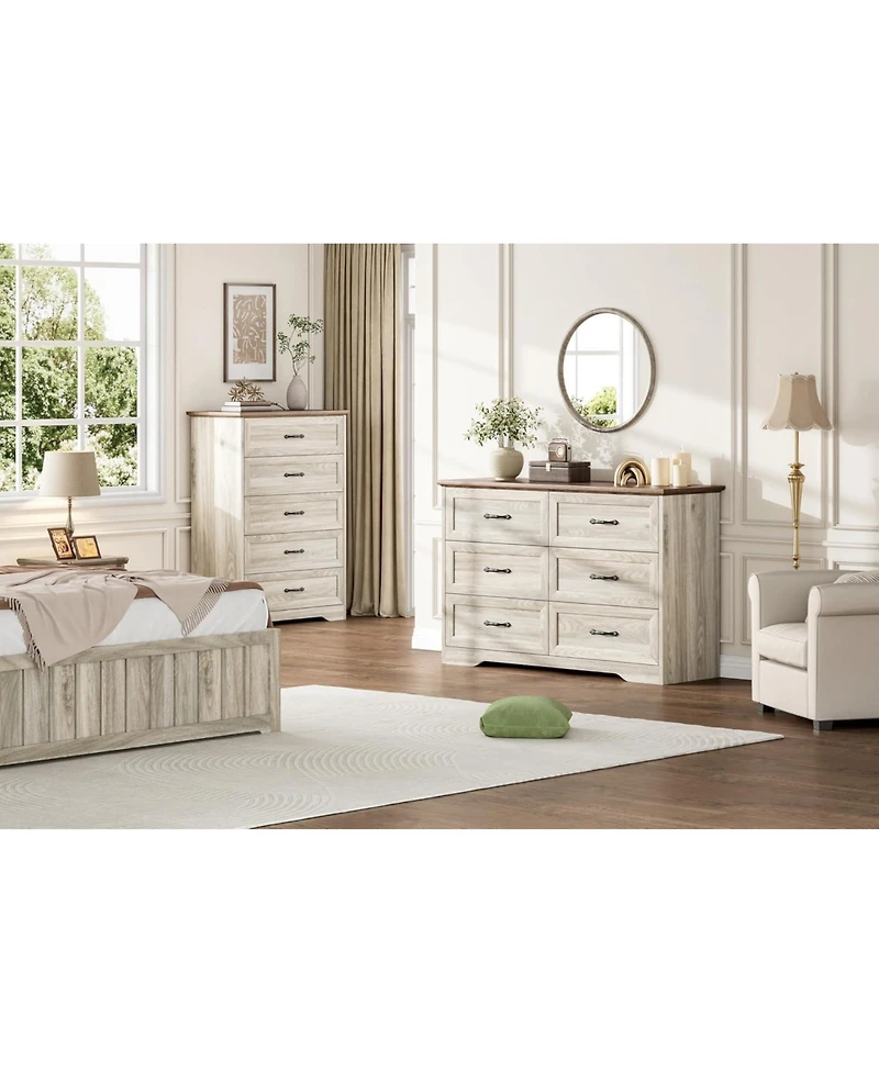 gaomon 5-Drawer Tall Dresser for Bedroom, Farmhouse Wooden Chest with Wide Metal Handles, Storage Organizer