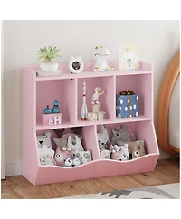 gaomon Kids Toy Storage Organizer with Bookshelf, Wooden Toy Cabinet and Book Rack for Playroom
