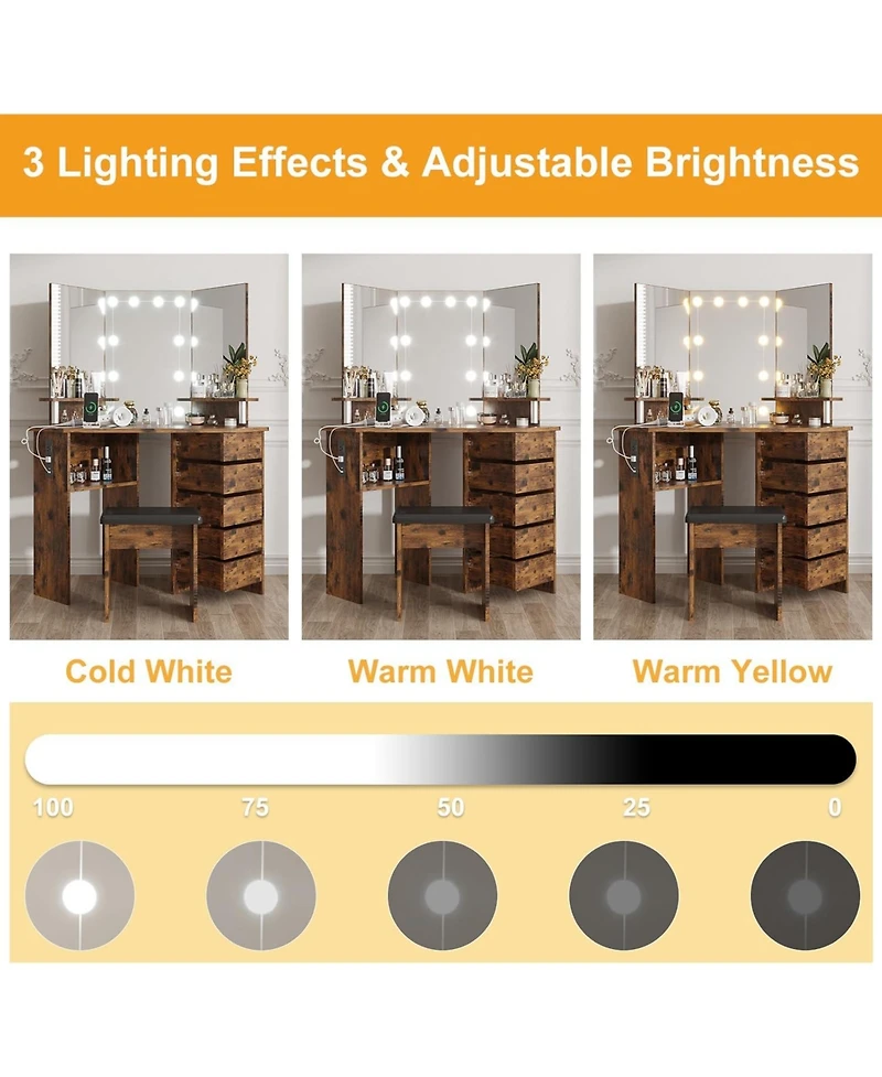 Gaomon Corner Makeup Vanity Desk with Lights and Power Outlet, Rotating Drawers and Adjustable Shelves