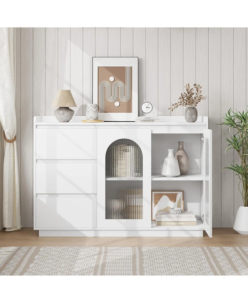 gaomon Sideboard Buffet Cabinet with Glass Door, Modern Storage Cabinet with Led Lights, Drawers and Adjustable Shelves