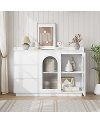 gaomon Sideboard Buffet Cabinet with Glass Door, Modern Storage Cabinet with Led Lights, Drawers and Adjustable Shelves