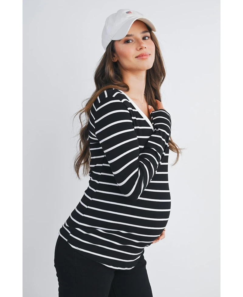 Hello Miz Maternity Striped V Neck Long Sleeve Top