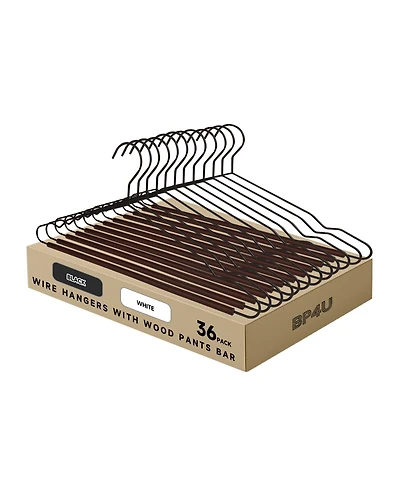 BP4U 36-Pack Heavy Duty Metal Coat Hangers with Wooden Pants Bar, Reinforced Wire Beech Wood Trouser Bar for Suits