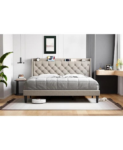 gaomon King Linen Upholstered Platform Bed Frame with Wingback Headboard Built-in Storage Shelf Power Outlets Usb Ports Wood Slats Underbed Space