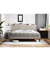 gaomon King Linen Upholstered Platform Bed Frame with Wingback Headboard Built-in Storage Shelf Power Outlets Usb Ports Wood Slats Underbed Space