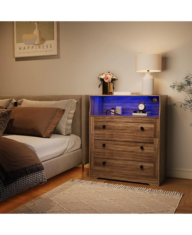 gaomon 3-Drawer Wooden Dresser with Led Lights & Charging Station