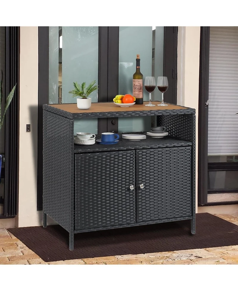 gaomon Outdoor Wicker Storage Cabinet with Shelf, Weather-Resistant Patio Bar Table for Poolside