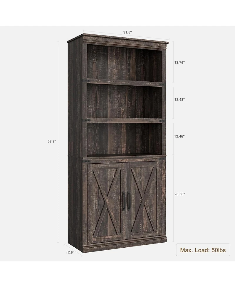 Gaomon Farmhouse Bookcase with Doors, 5-Tier 70" Tall Bookshelf with Storage Cabinet for Living Room