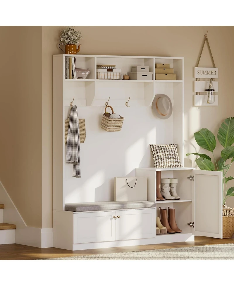 gaomon 78" Entryway Hall Tree with Bench and Storage, 3-in-1 Hall Tree with 4 Hanging Hooks, 3 Open Compartments & Adjustable Shelf