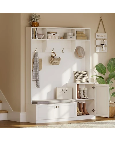 gaomon 78" Entryway Hall Tree with Bench and Storage, 3-in-1 Hall Tree with 4 Hanging Hooks, 3 Open Compartments & Adjustable Shelf