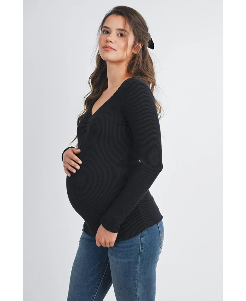 Hello Miz Maternity Long Sleeve Ribbed Sweetheart Neck Top
