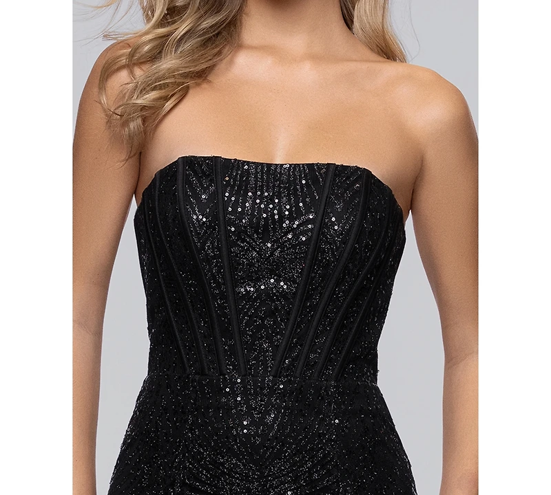 Blondie Nites Juniors' Long Glitter Strapless Corset Fit & Flare Ball Gown