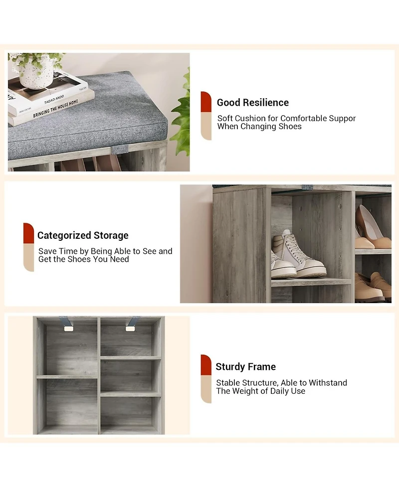 gaomon Entryway Shoe Bench with Storage and Cushioned Seat, Wooden Shoe Rack with Adjustable Shelves and Side Pockets