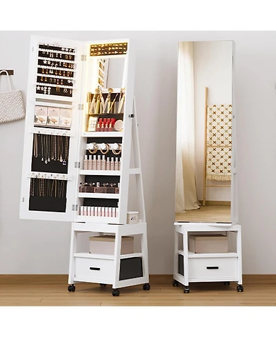 Gaomon 360° Swivel Jewelry Cabinet with Led Lights, Full-Length Mirror and Jewelry Storage, White