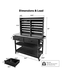 Streamdale Outdoor Potting Bench with Wheels, Hutch, Stainless Steel Top, Black