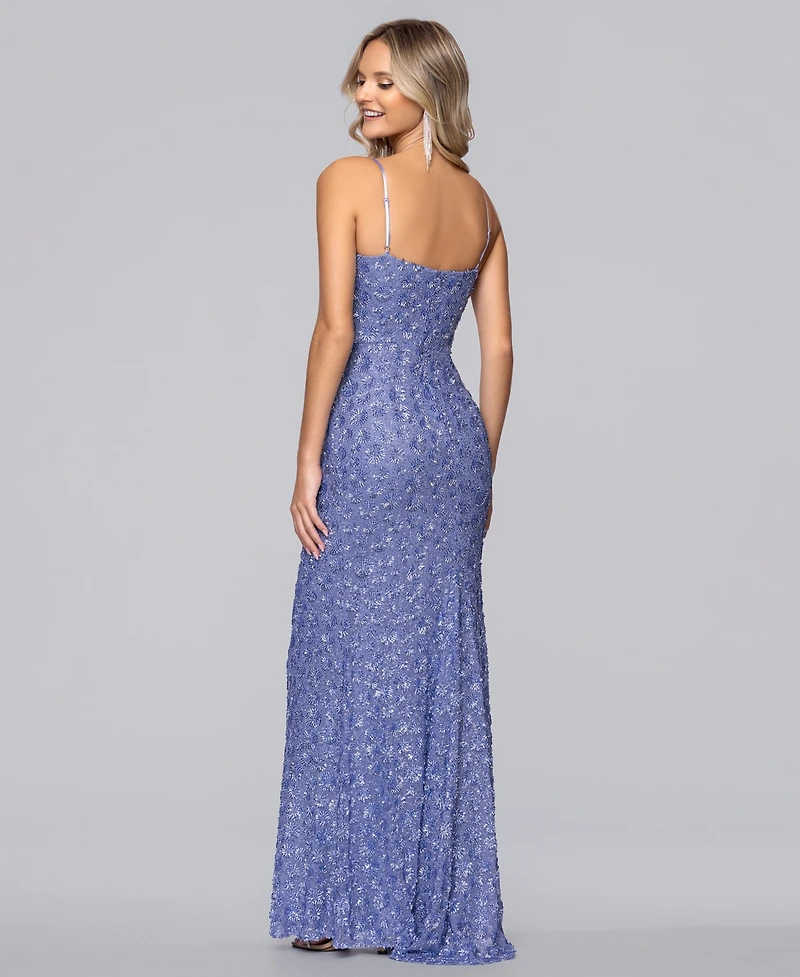 Blondie Nites Juniors' Long Cowl Neck Sequin Slim Ball Gown