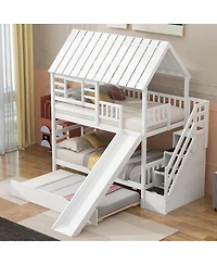 Streamdale Furniture Twin over Twin Bunk Bed with Trundle, Slide, Stairs, Roof, Window, White