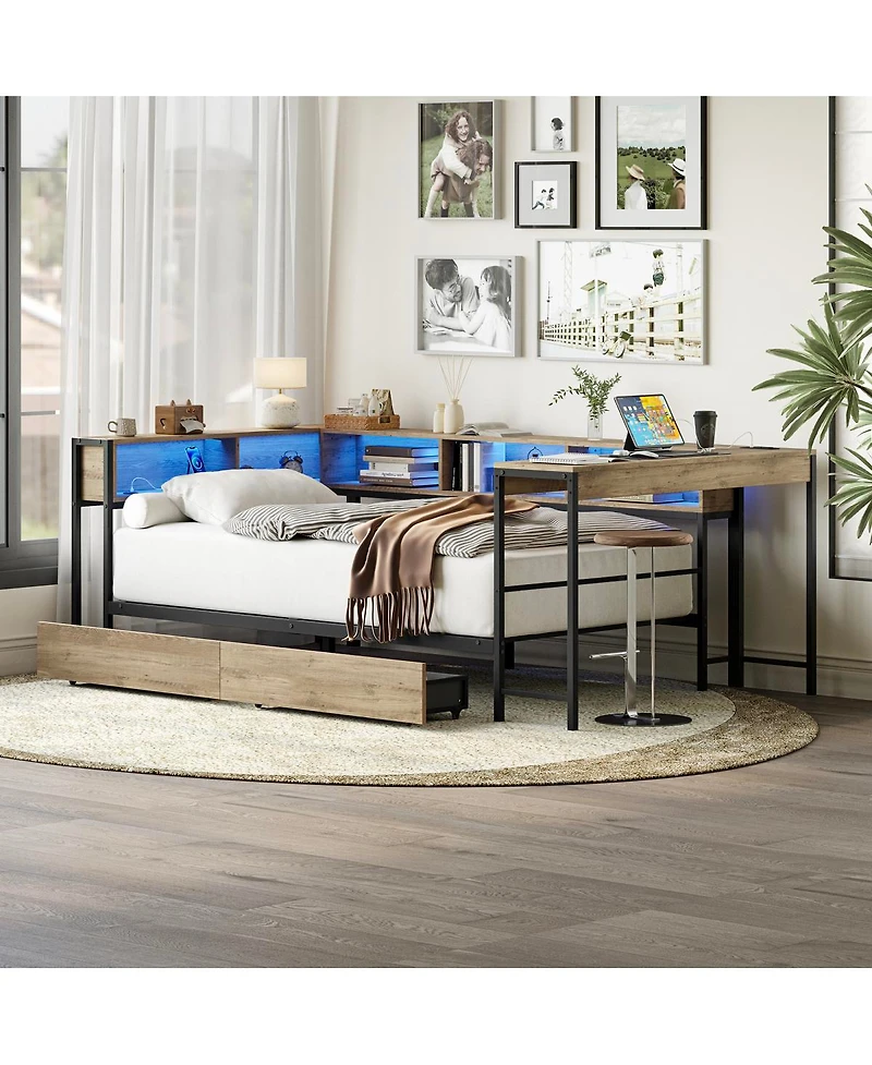 Streamdale Furniture Corner Bed Frame Full Size w/ Bookcase, 2 Drawers, Led & Charging Station