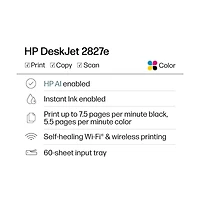 Hp DeskJet 2827e All-in-One Ai Enabled Printer with 3 Months of Instant Ink
