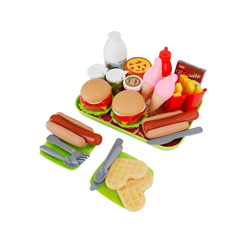 Bruce & Shark 30-Piece Pretend Play Fast Food Set for Kids with Hamburger, Fries, Hot Dog & Waffle