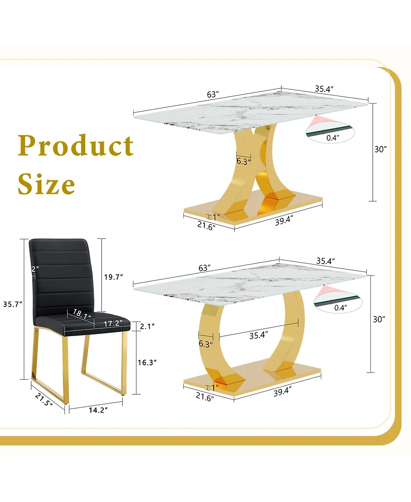 Streamdale Marble patterned glass dining set w/ gold decor: 63" table + 6 chairs.