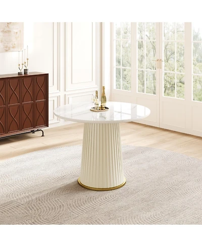 Streamdale Furniture Modern 35.43" Round Dining Table, Glossy Sintered Stone Top, Pu Leather Pedestal