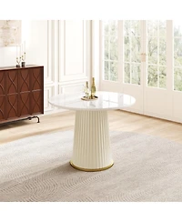 Streamdale Furniture Modern 35.43" Round Dining Table, Glossy Sintered Stone Top, Pu Leather Pedestal