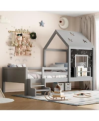Streamdale Furniture Twin House Bed with Stairs, Window, Bookcase, Blackboard, Star Roof