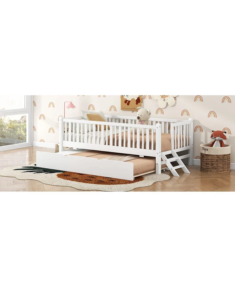 Streamdale Furniture Wood Platform Bed with Guardrail and Trundle