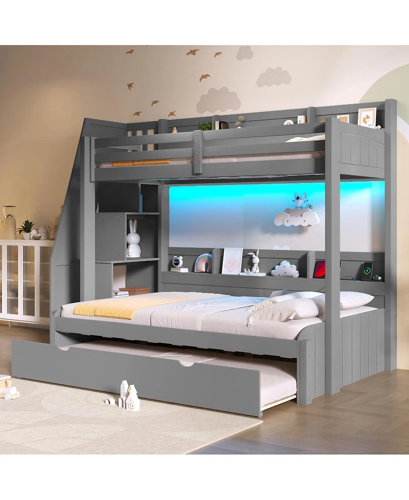 Streamdale Furniture over Full Bunk Bed with Storage Stairs, Trundle, Led, Usb