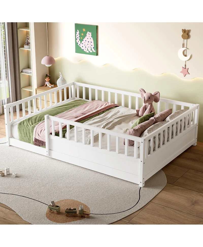 Streamdale Furniture Montessori Wooden Floor Bed with Security Barrier and Door, White
