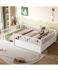 Streamdale Furniture Montessori Wooden Floor Bed with Security Barrier and Door, White