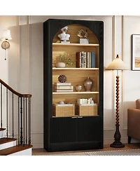 Tribesigns 71" Tall Bookcase, 5-Tier Arched Black Bookshelf with Storage Cabinet and Fluted Doors, Modern Farmhouse Standing Wood Bookshelves