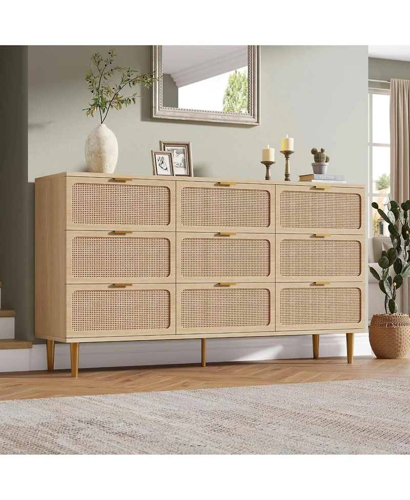 gaomon Rattan 9 Drawer Dresser for Bedroom, Tall Chest of Drawers with Deep Storage and Wide Top, Beige