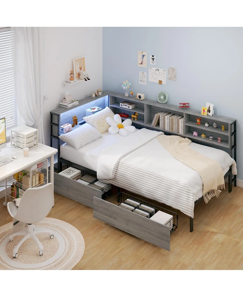 Streamdale Furniture Furniture Twin Corner Daybed with Storage, Bookcase Headboard, Led & Usb