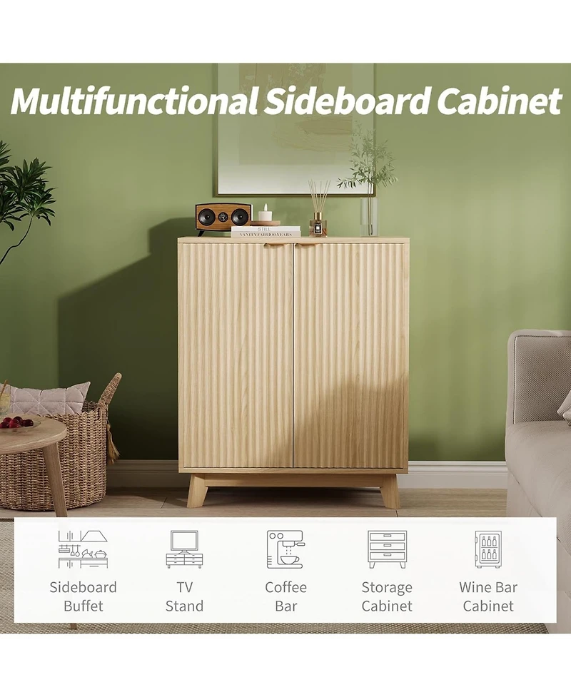 gaomon Fluted Accent Buffet Cabinet with Storage, 2-Door Mid-Century Sideboard with Adjustable Shelves, Beige/Khaki