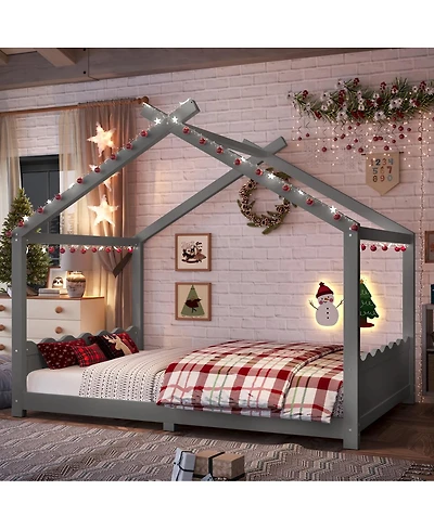 Streamdale Furniture Full House Floor Bed with Support Slats, Solid Wood House Bed Frame for Kids, Gray