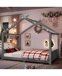 Streamdale Furniture Full House Floor Bed with Support Slats, Solid Wood House Bed Frame for Kids, Gray