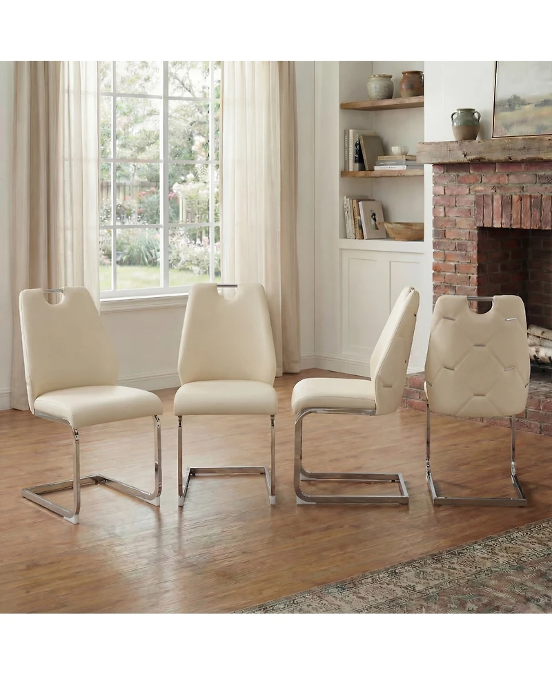 Streamdale Furniture Streamdale Dining Chairs Set of 4, Off-White Faux Leather w/ Gold Mesh, Silver Ring, Chrome Handle
