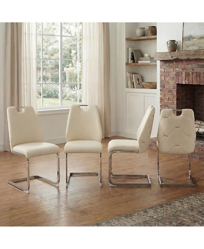 Streamdale Furniture Streamdale Dining Chairs Set of 4, Off-White Faux Leather w/ Gold Mesh, Silver Ring, Chrome Handle