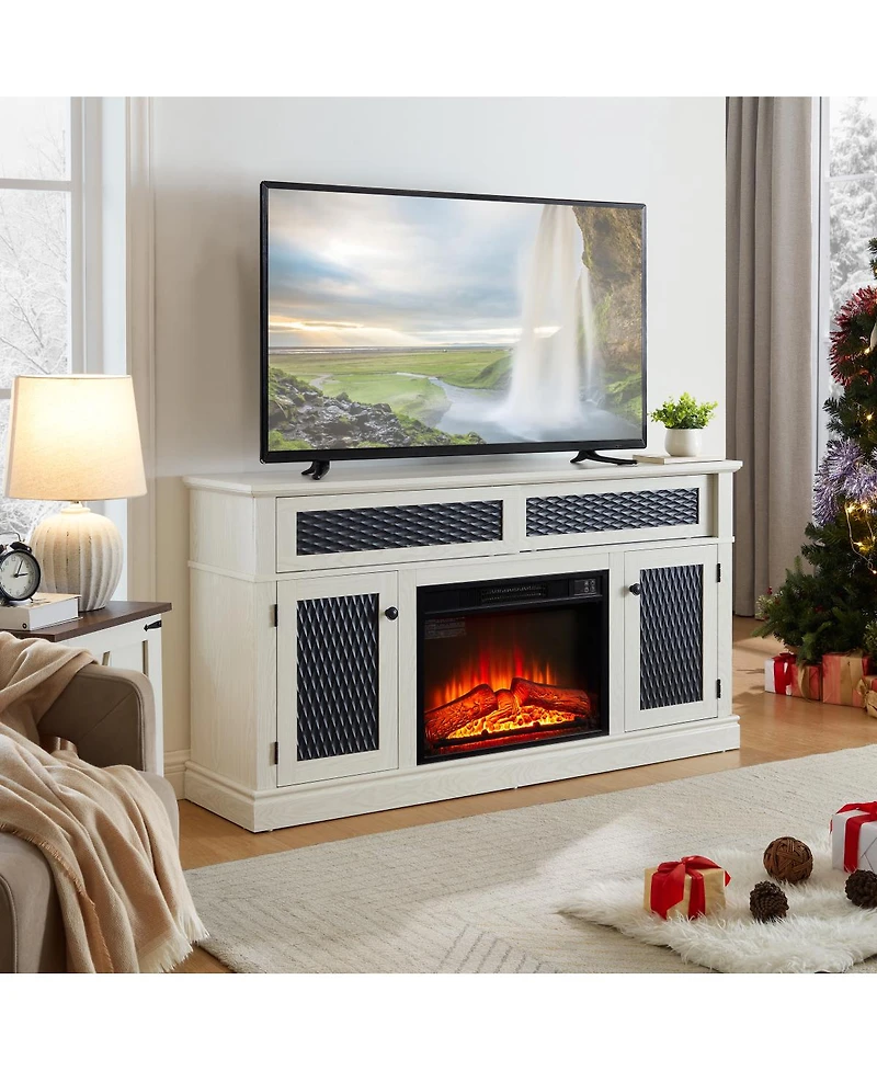 Streamdale Furniture Embossed Pattern Tv Stand with 23" Fireplace, Media Console with Storage, White