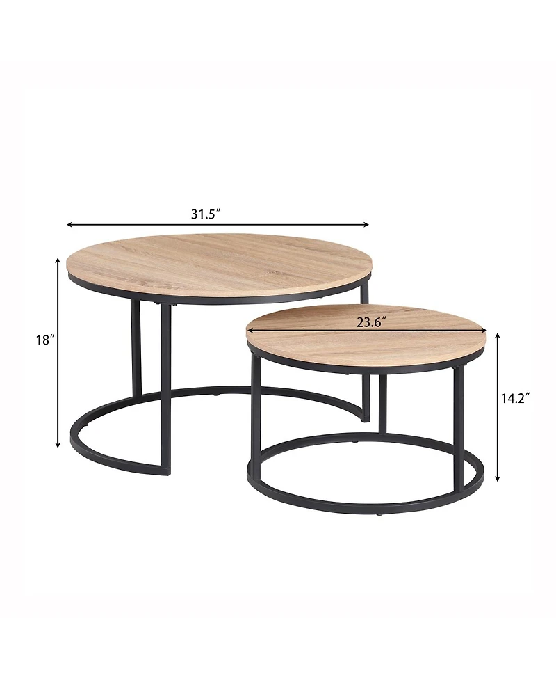 Streamdale Furniture Round Nesting Coffee Table Set, 31.5" Oak & Metal, Modern Industrial Accent Furniture.