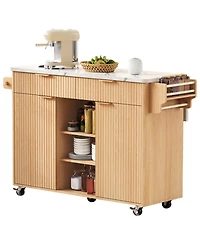 Streamdale 52" Fluted Kitchen Island with Drop Leaf, Power Outlet & Storage Cart