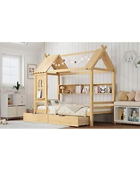 Streamdale Furniture Twin House Bed with Storage Drawers and Shelves, Solid Wood