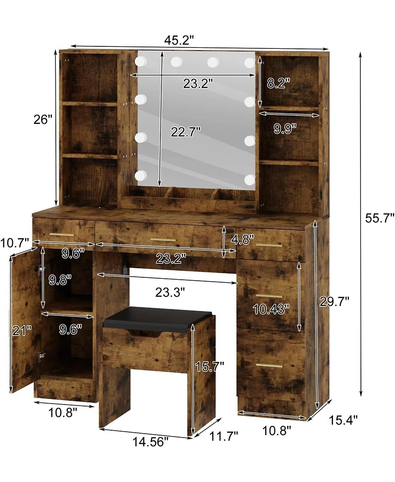 gaomon Led Lighted Vanity Desk with Mirror, Makeup Table with Adjustable Brightness and Open Shelves, Brown