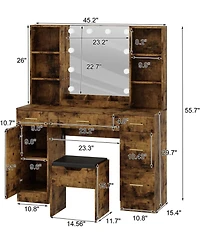gaomon Led Lighted Vanity Desk with Mirror, Makeup Table with Adjustable Brightness and Open Shelves, Brown
