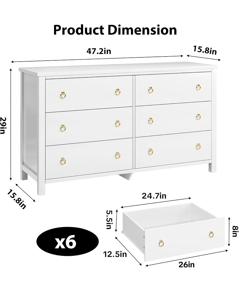 gaomon 6-Drawer Wooden Dresser, 54" Wide Chest with Large Storage for Bedroom and Living Room