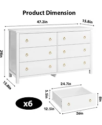 gaomon 6-Drawer Wooden Dresser, 54" Wide Chest with Large Storage for Bedroom and Living Room
